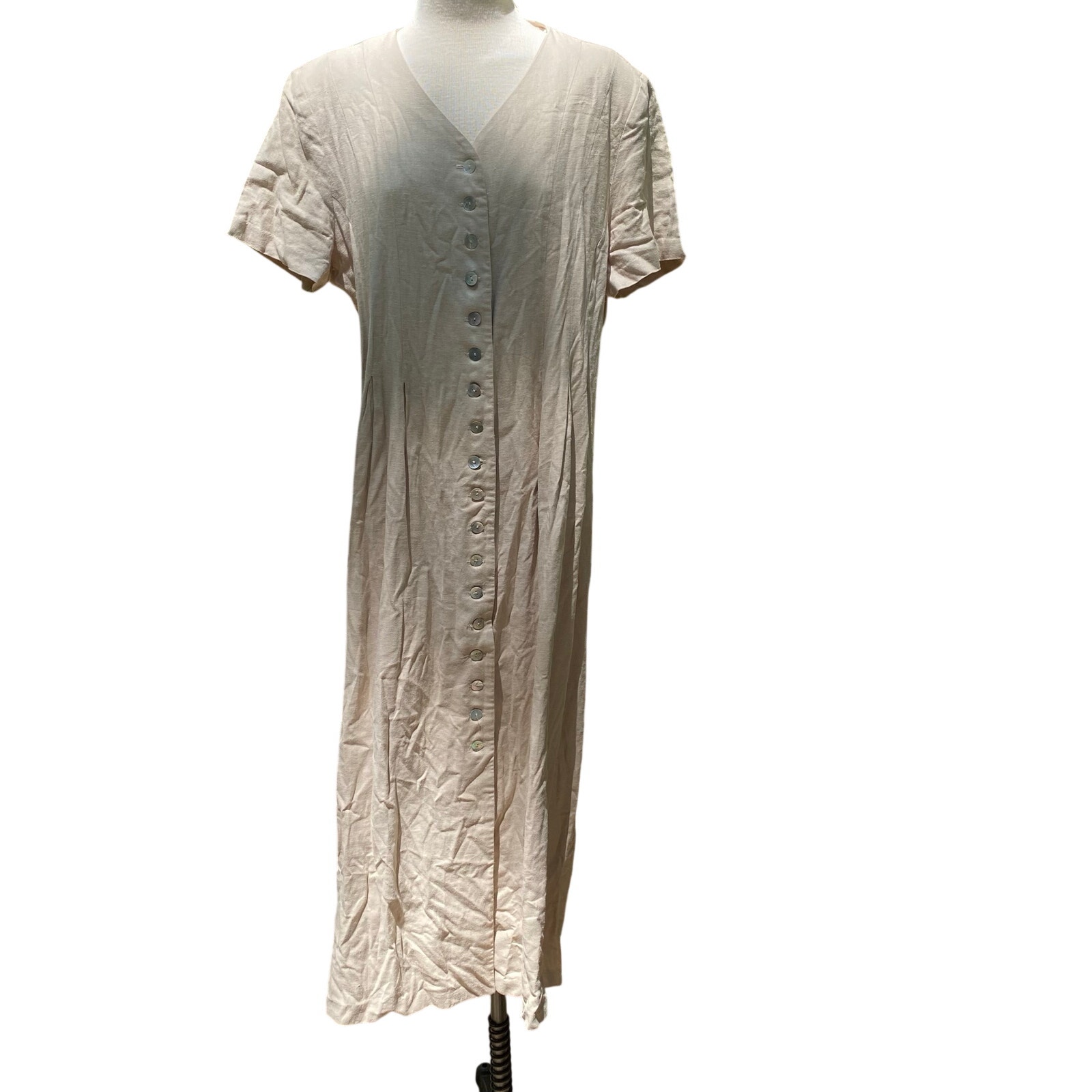 Orvis Pale Beige Oyster Shell Button Linen Blend Belted Dress Size Large